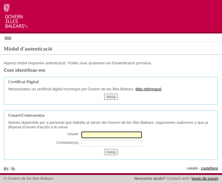 Pantalla d'accés al Portal del personal del Govern de les Illes Balears, amb les dues vies d'identificació: certificat digital o usuari i contrasenya